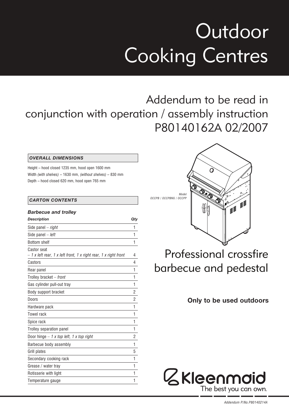 Outdoor cooking centres, Only to be used outdoors | Kleenmaid OCCPB User Manual | Page 29 / 30