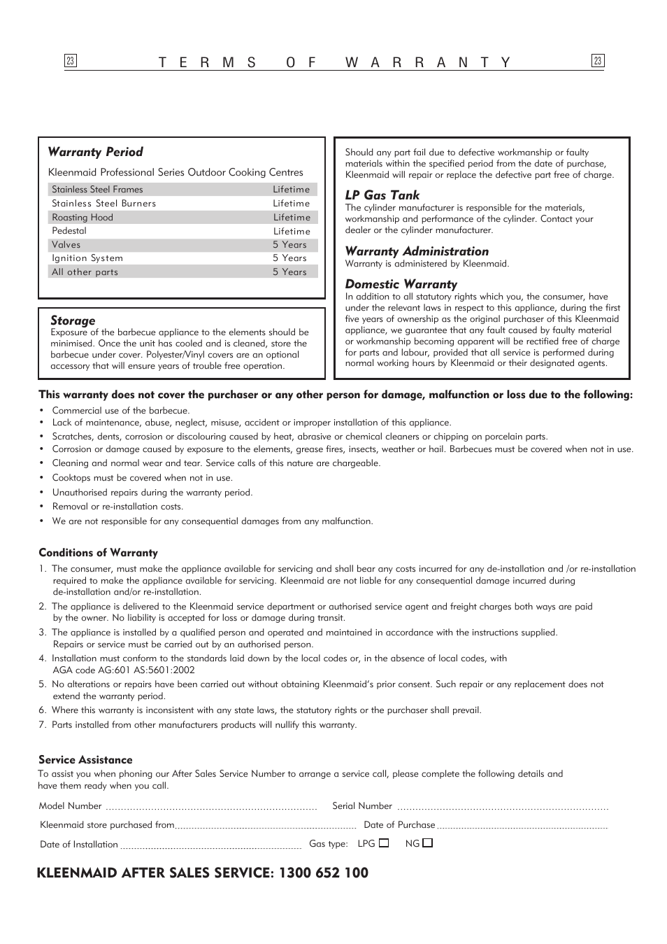 Warranty period, Lp gas tank, Warranty administration | Domestic warranty, Storage | Kleenmaid OCCDB User Manual | Page 23 / 24