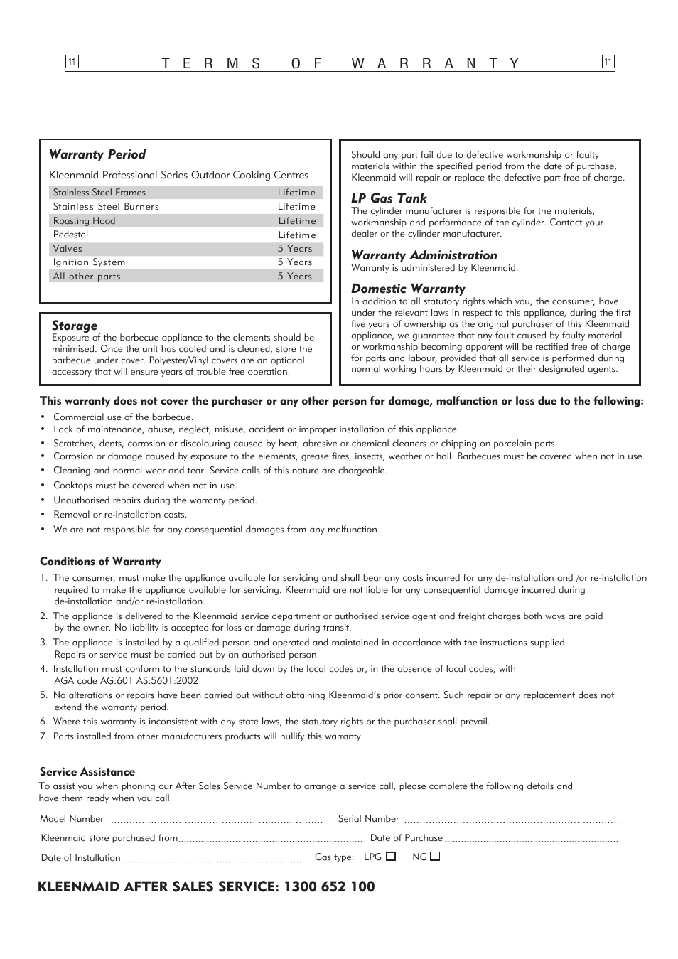 Warranty period, Lp gas tank, Warranty administration | Domestic warranty, Storage | Kleenmaid OCCCNR User Manual | Page 11 / 12