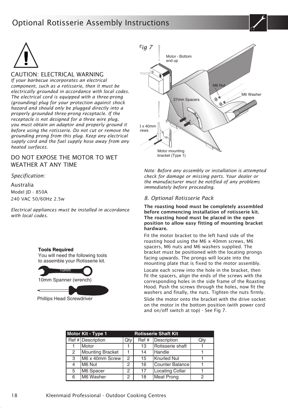 Optional rotisserie assembly instructions, Caution: electrical warning, Do not expose the motor to wet weather at any time | Fig 7 | Kleenmaid BBQ3BF User Manual | Page 18 / 40