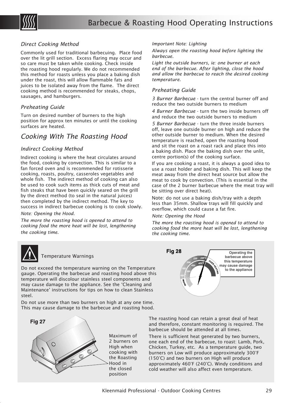 Barbecue & roasting hood operating instructions, Cooking with the roasting hood | Kleenmaid BBQ3BF User Manual | Page 29 / 40