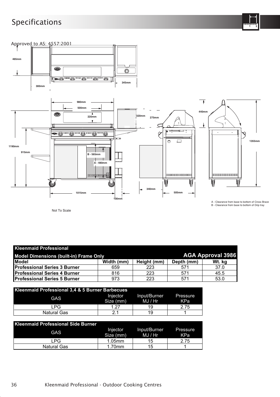 Specifications, Aga approval 3986 | Kleenmaid BBQ3BF User Manual | Page 36 / 40