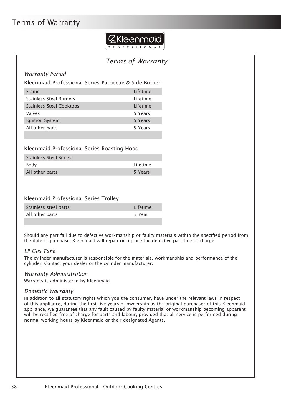 Terms of warranty | Kleenmaid BBQ3BF User Manual | Page 38 / 40