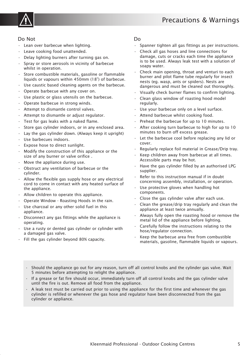 Precautions & warnings, Do not | Kleenmaid BBQ3BF User Manual | Page 5 / 40