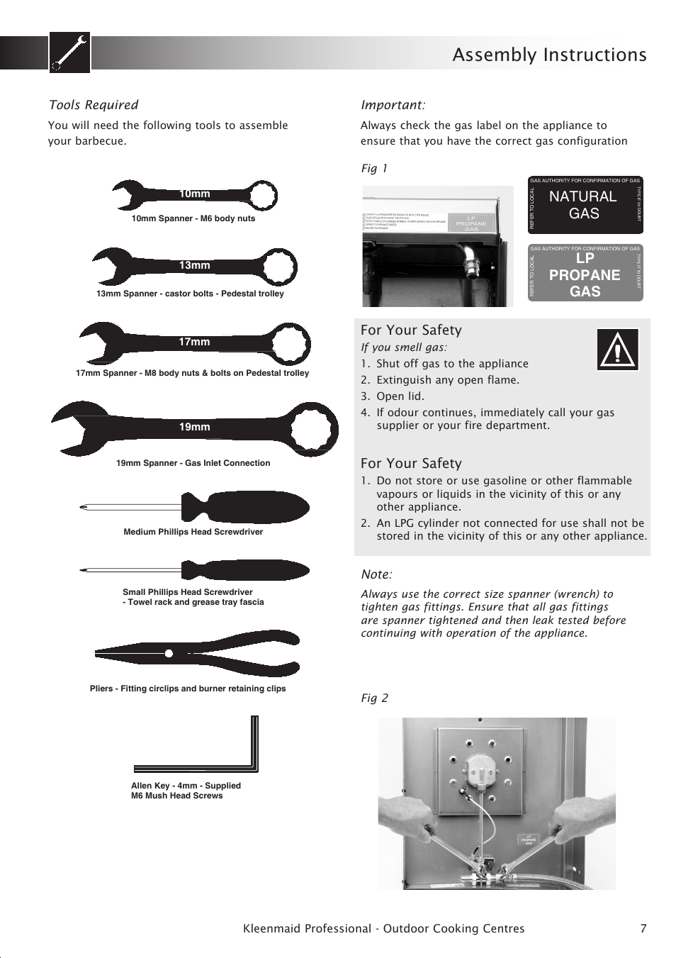 Assembly instructions, Natural gas, Lp propane gas | For your safety, Tools required, Important, Kleenmaid professional - outdoor cooking centres 7, Fig 1 fig 2 | Kleenmaid BBQ3BF User Manual | Page 7 / 40