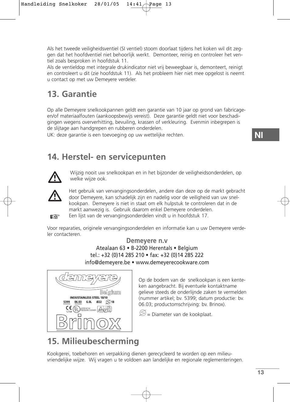 Garantie, Herstel- en servicepunten, Milieubescherming | Demeyere n.v | Kleenmaid CW2399 User Manual | Page 13 / 84