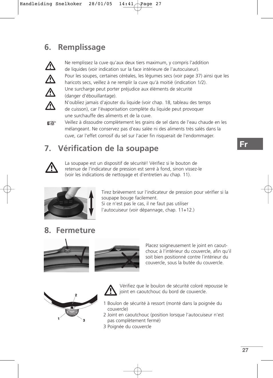 Fr 6. remplissage, Vérification de la soupape, Fermeture | Kleenmaid CW2399 User Manual | Page 27 / 84