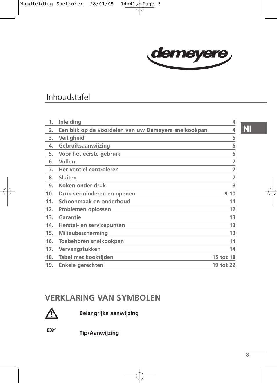 Nl verklaring van symbolen, Inhoudstafel | Kleenmaid CW2399 User Manual | Page 3 / 84