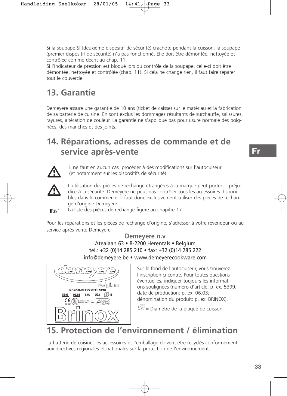 Garantie, Protection de l’environnement / élimination, Demeyere n.v | Kleenmaid CW2399 User Manual | Page 33 / 84