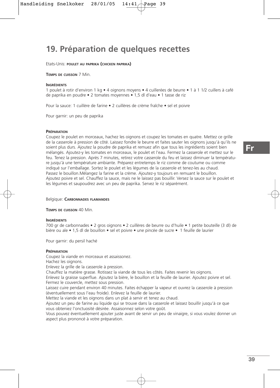 Fr 19. préparation de quelques recettes | Kleenmaid CW2399 User Manual | Page 39 / 84