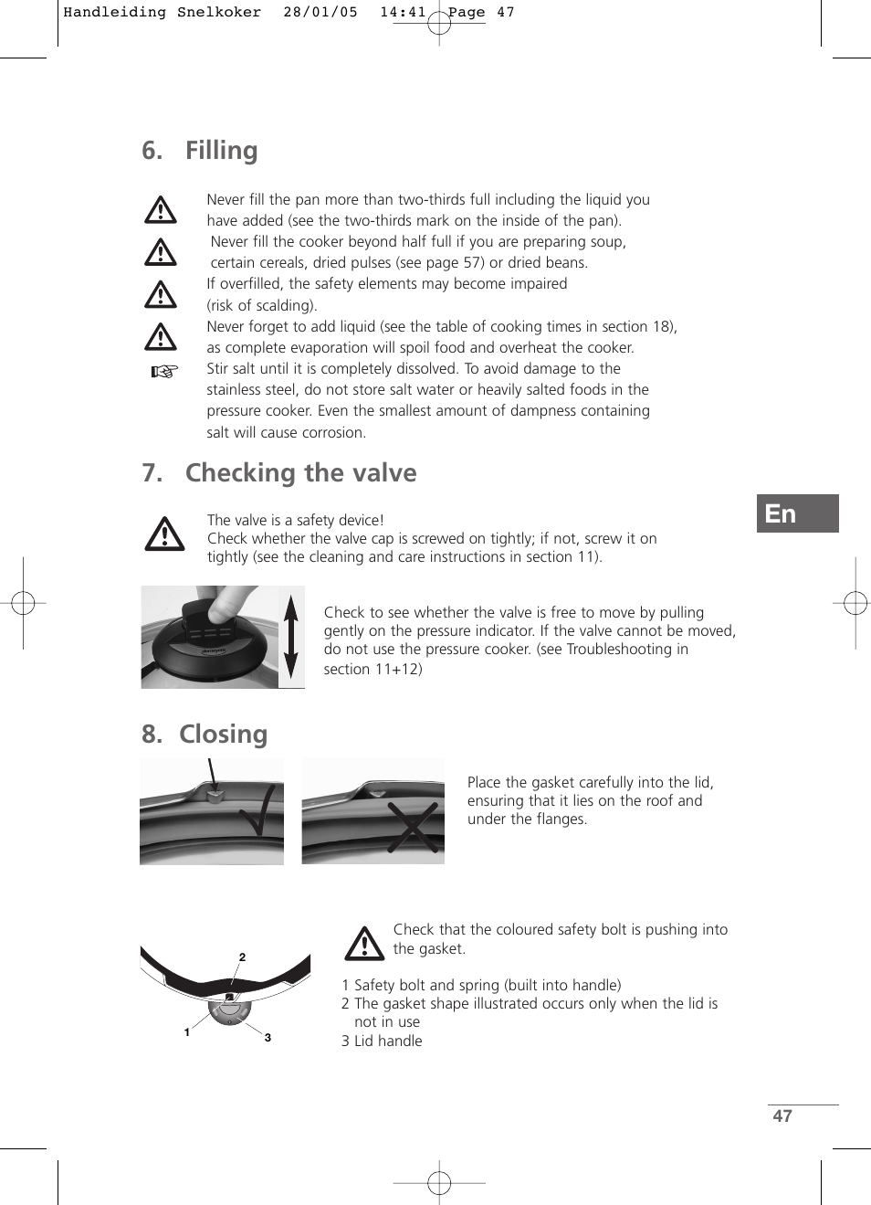 En 6. filling, Checking the valve, Closing | Kleenmaid CW2399 User Manual | Page 47 / 84