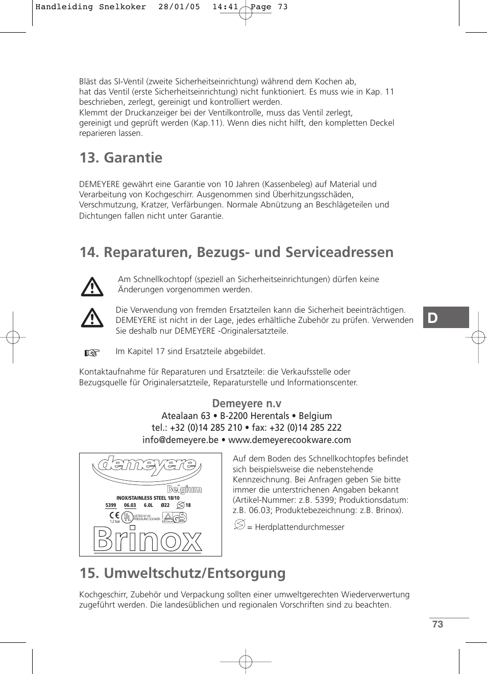 Garantie, Reparaturen, bezugs- und serviceadressen, Umweltschutz/entsorgung | Demeyere n.v | Kleenmaid CW2399 User Manual | Page 73 / 84