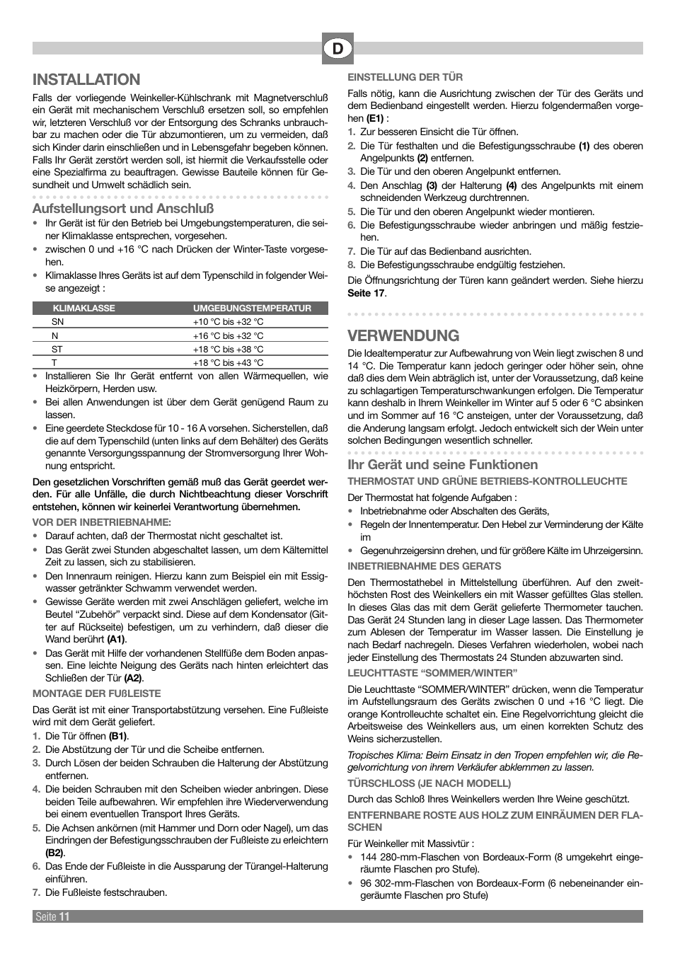 Installation, Verwendung, Aufstellungsort und anschluß | Ihr gerät und seine funktionen | Kleenmaid Wine Cellar User Manual | Page 11 / 20