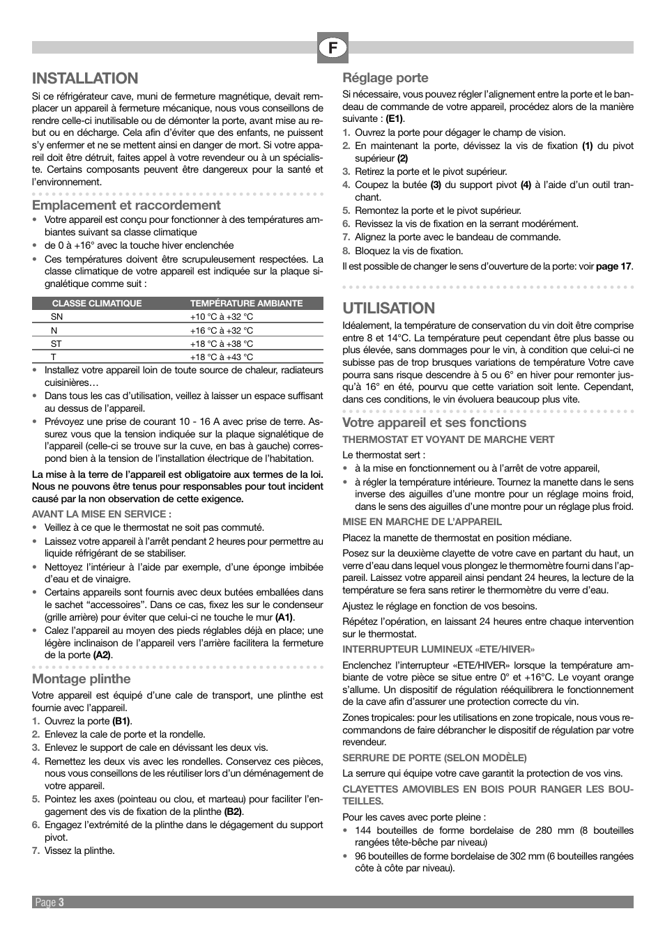 Installation, Utilisation, Emplacement et raccordement | Montage plinthe, Réglage porte, Votre appareil et ses fonctions | Kleenmaid Wine Cellar User Manual | Page 3 / 20
