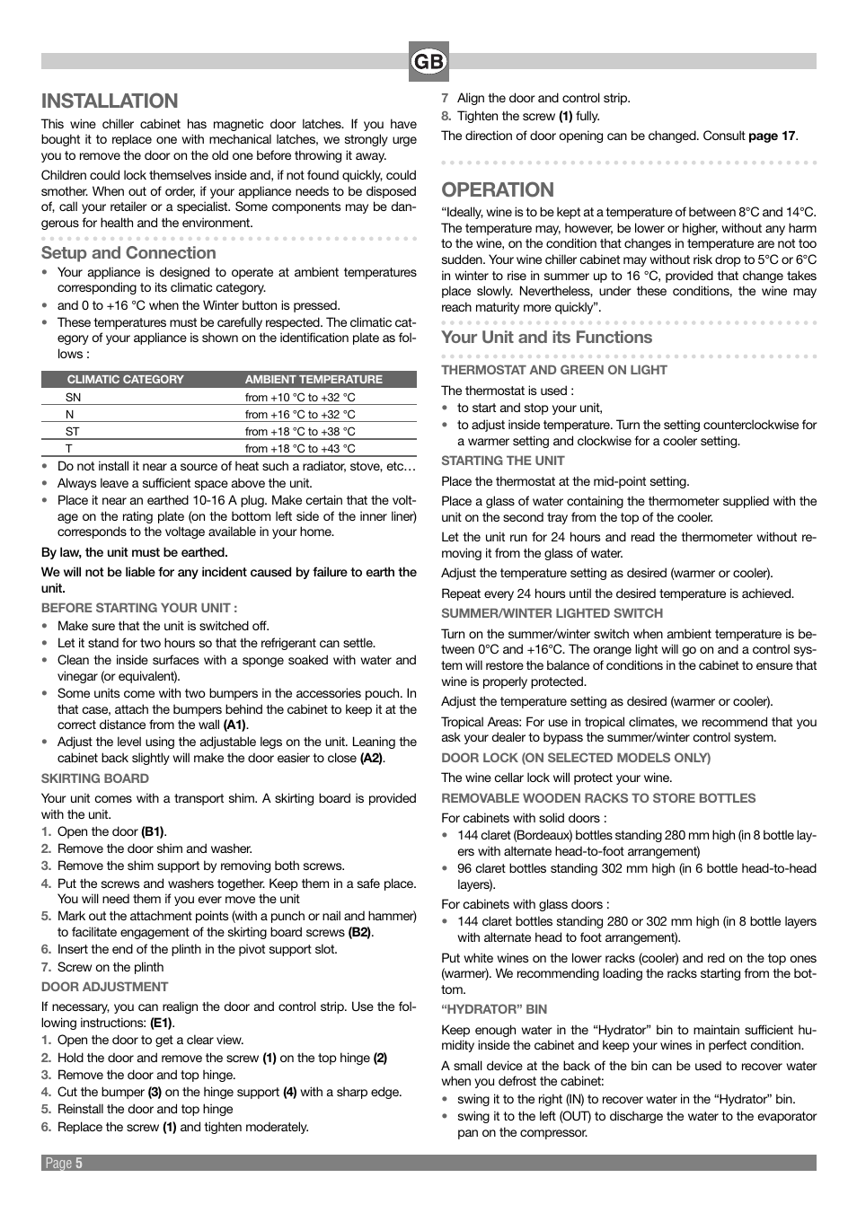 Installation, Operation, Setup and connection | Your unit and its functions | Kleenmaid Wine Cellar User Manual | Page 5 / 20