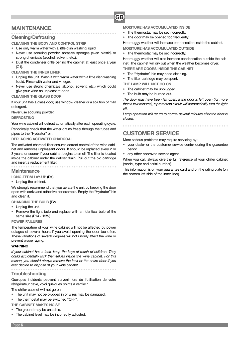 Maintenance, Customer service, Cleaning/defrosting | Troubleshooting | Kleenmaid Wine Cellar User Manual | Page 6 / 20