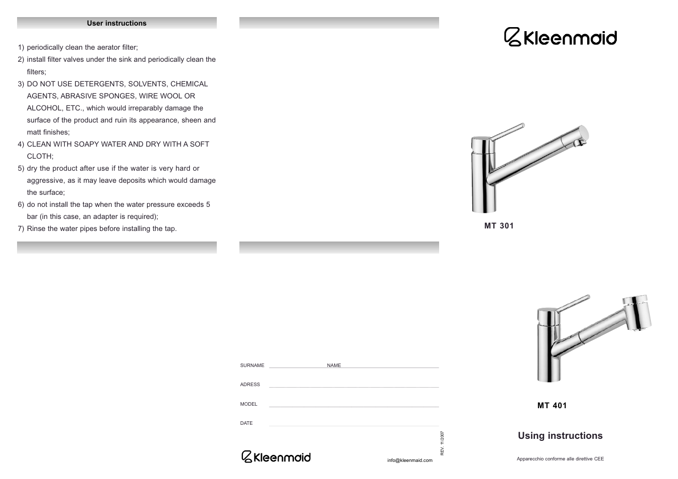 Kleenmaid MT301 User Manual | 2 pages