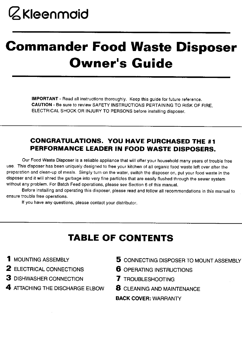 Kleenmaid Waste Disposal Units User Manual | 8 pages