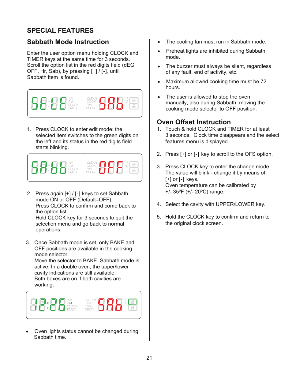 Sabbath mode instruction oven offset instruction, Special features | Kleenmaid TO901X User Manual | Page 23 / 38