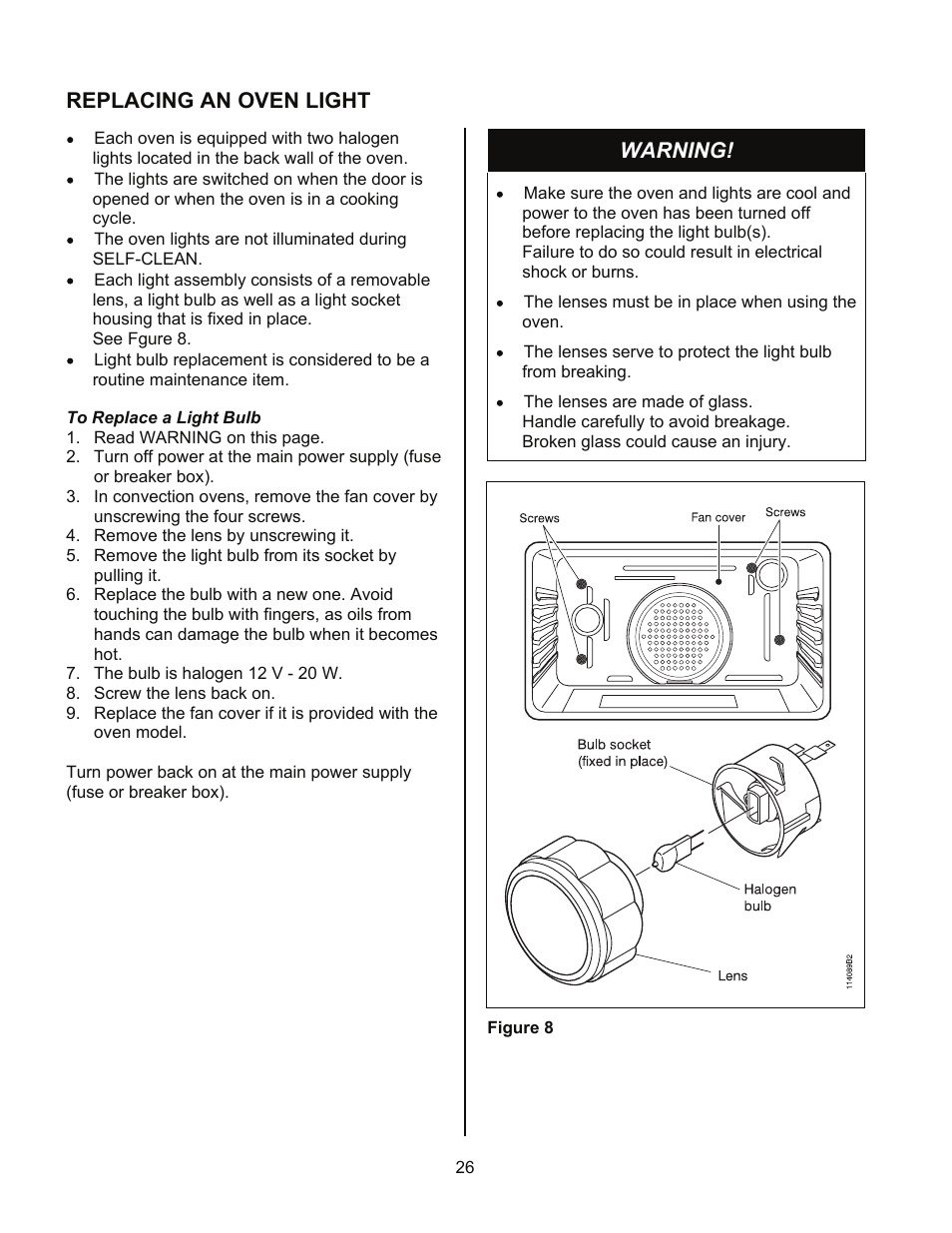 Replacing an oven light, Warning | Kleenmaid TO901X User Manual | Page 28 / 38
