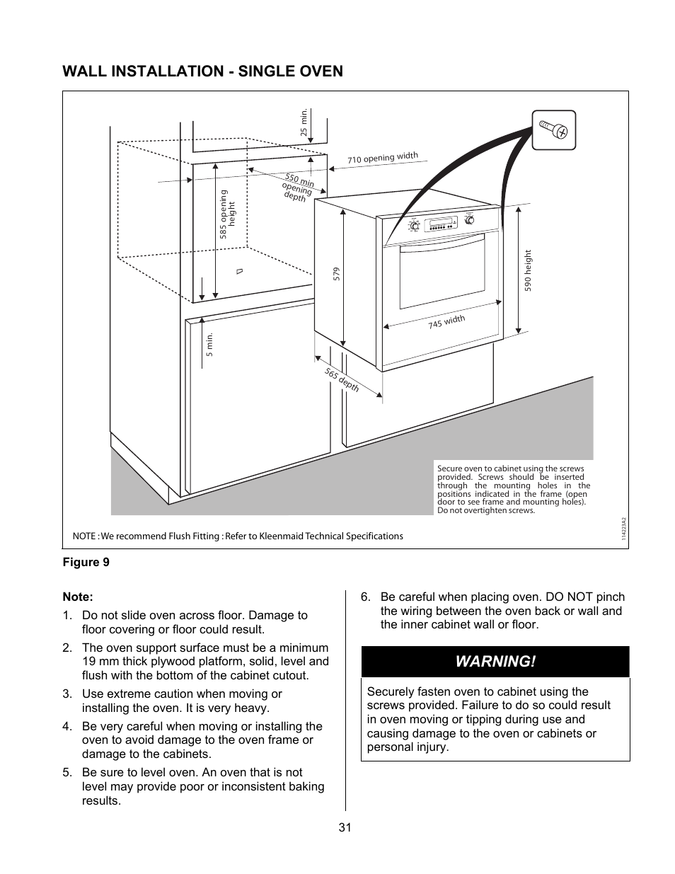 Wall installation - single oven, Warning | Kleenmaid TO901X User Manual | Page 33 / 38