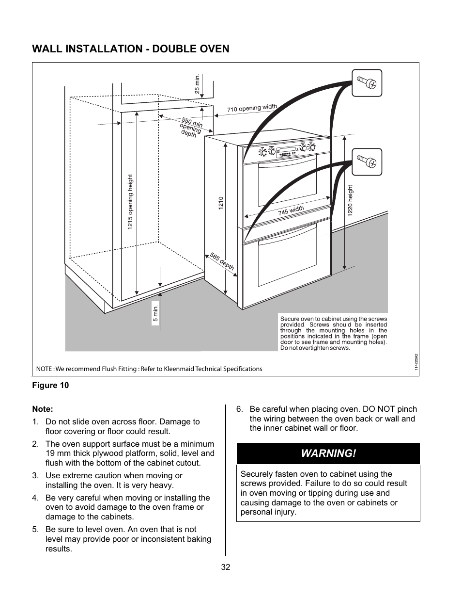 Wall installation - double oven, Warning | Kleenmaid TO901X User Manual | Page 34 / 38