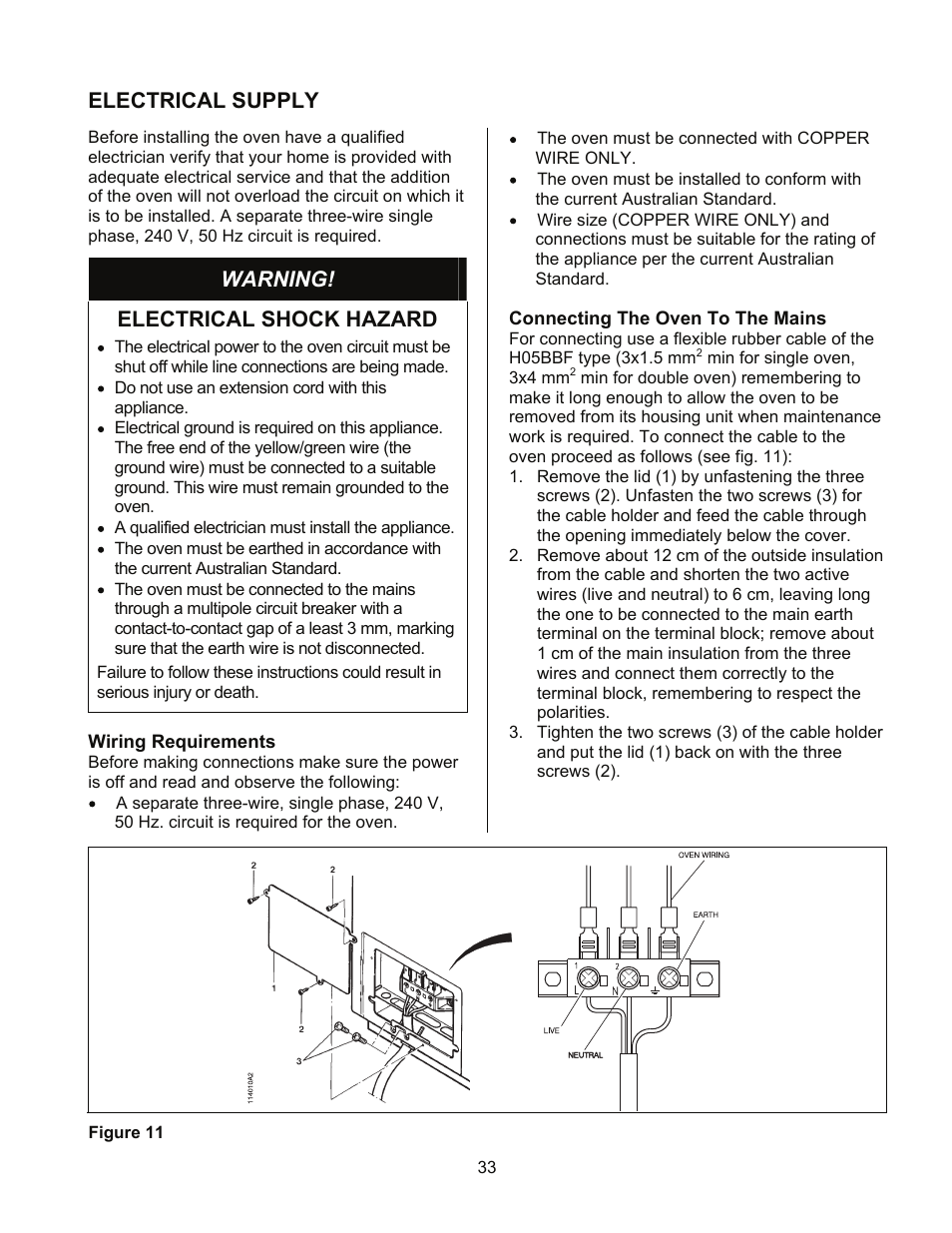 Electrical supply, Warning! electrical shock hazard | Kleenmaid TO901X User Manual | Page 35 / 38