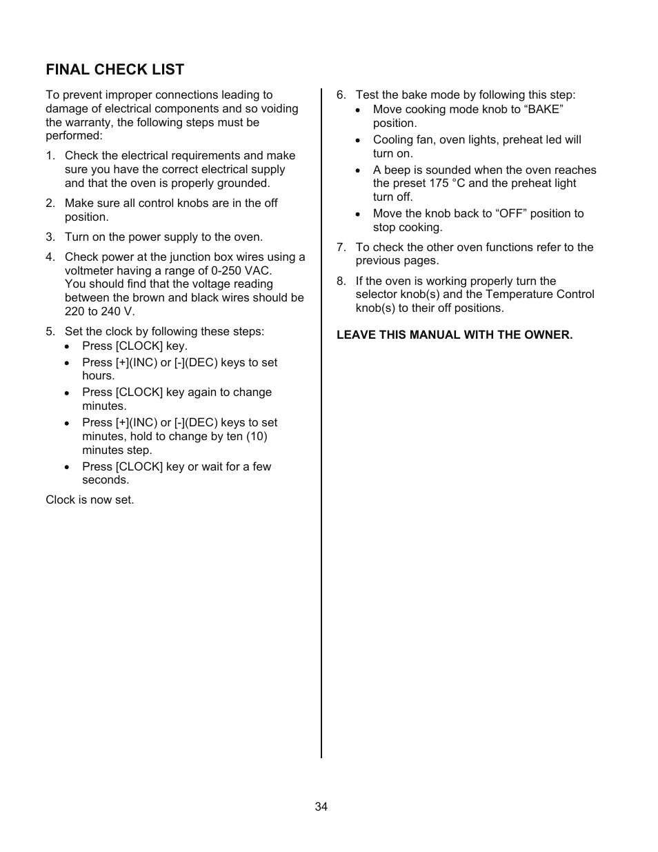 Final check list | Kleenmaid TO901X User Manual | Page 36 / 38