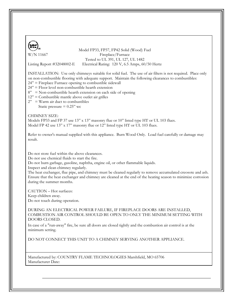 Fireplace furnace safety label (pp-741) | Country Flame FP42 User Manual | Page 10 / 61
