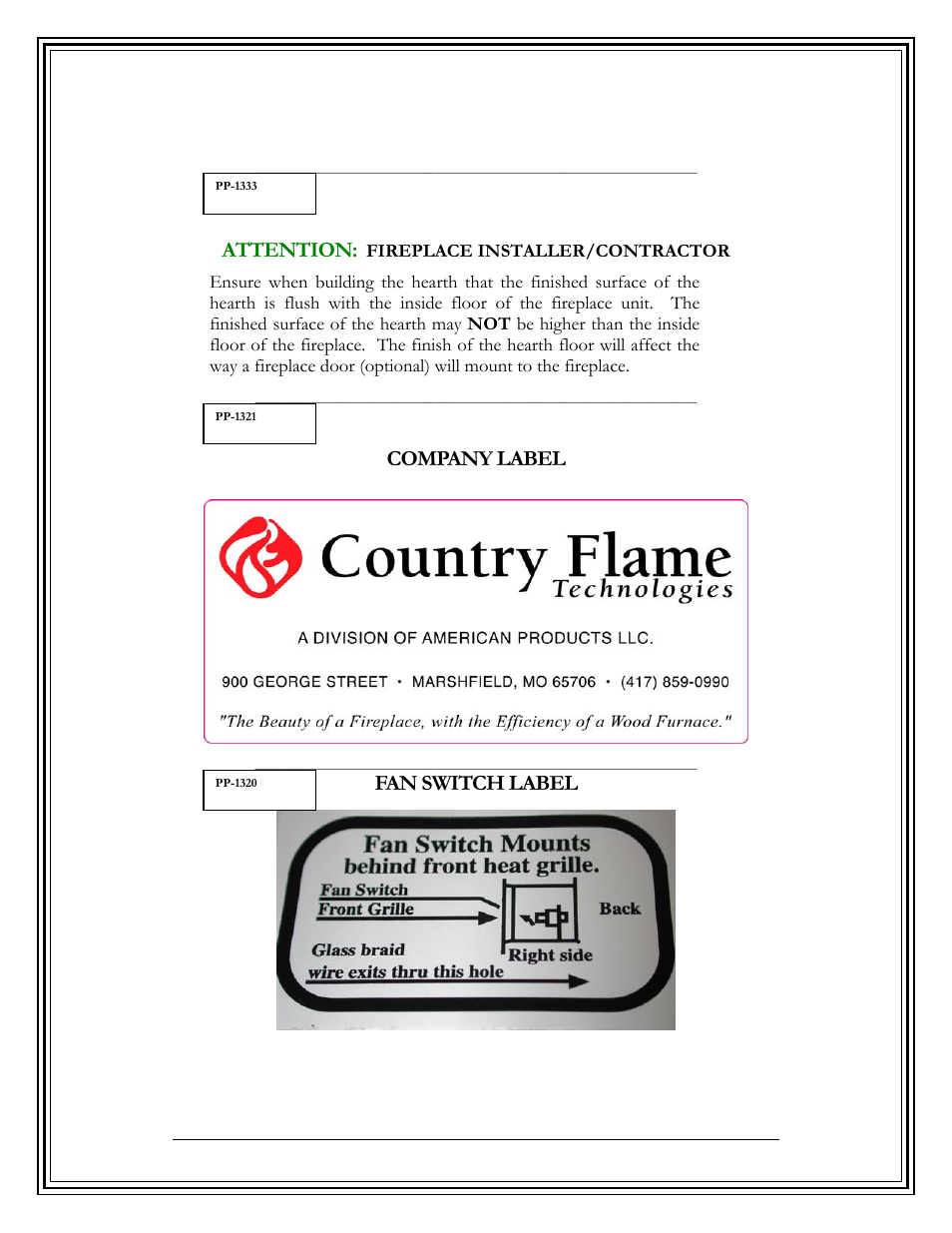 Warning labels, Attention, Company label | Fan switch label | Country Flame FP42 User Manual | Page 58 / 61