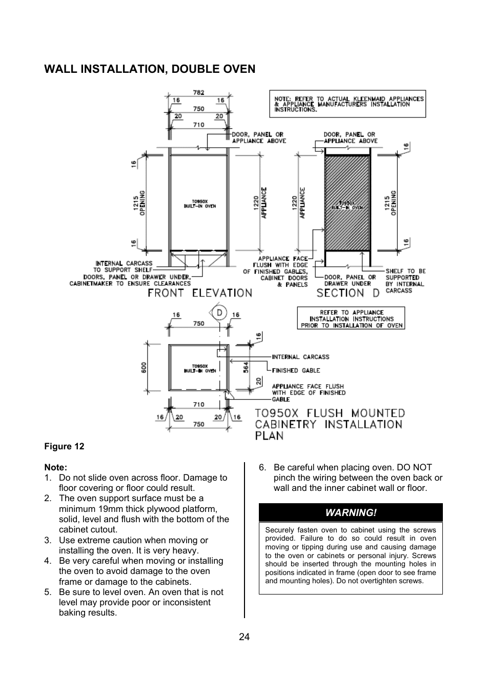 Wall installation, double oven, Warnin | Kleenmaid TO900X User Manual | Page 25 / 30