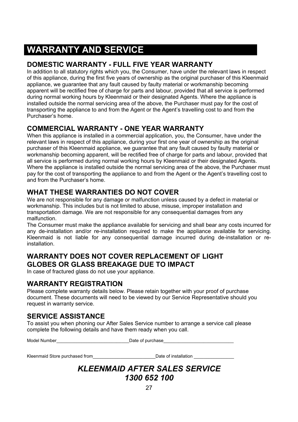 Warranty and service | Kleenmaid TO900X User Manual | Page 28 / 30