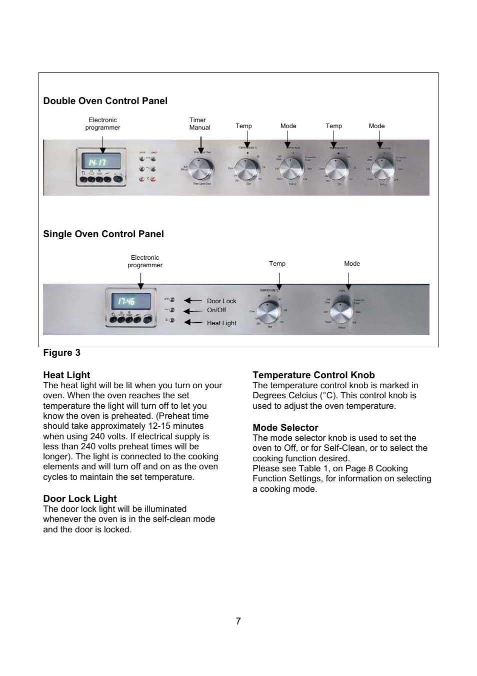 Door lock light, Temperature control knob, Mode selector | Kleenmaid TO900X User Manual | Page 8 / 30