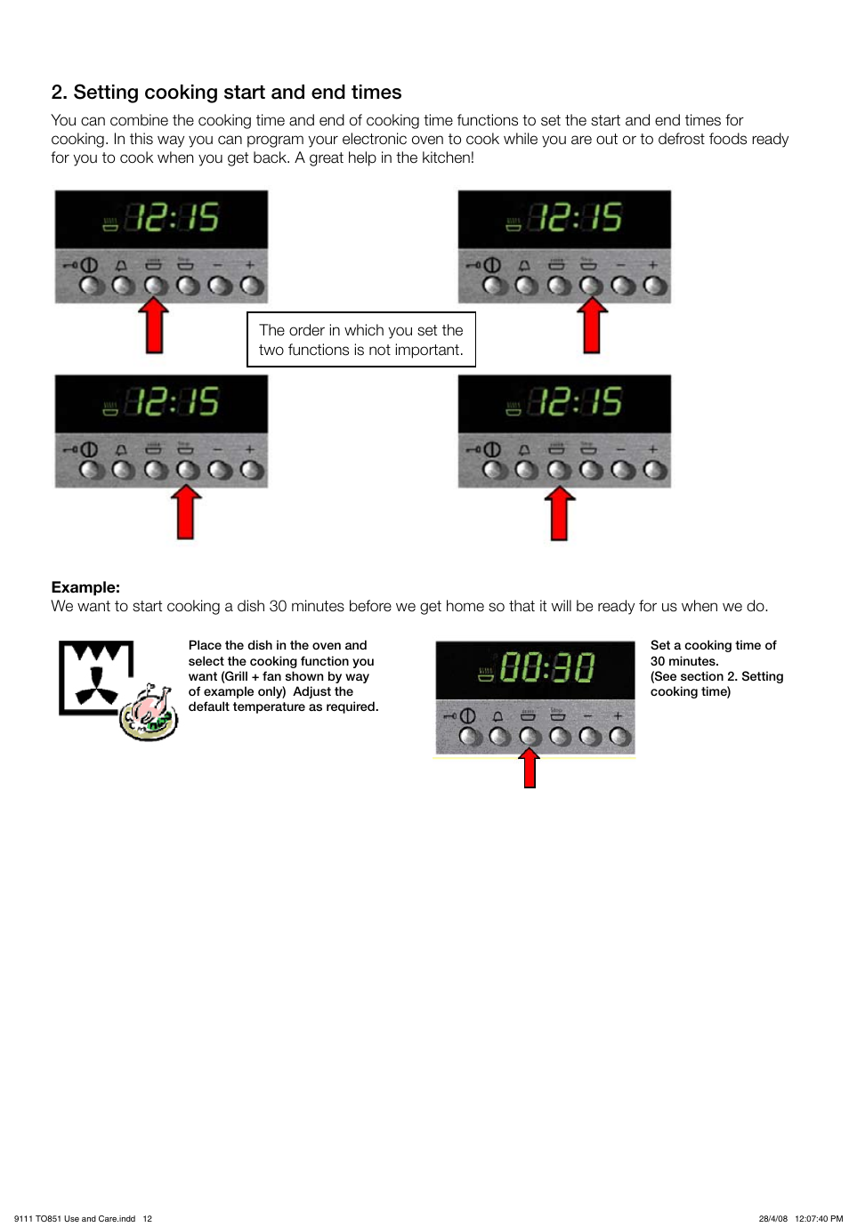 Setting cooking start and end times | Kleenmaid TO851X User Manual | Page 12 / 17