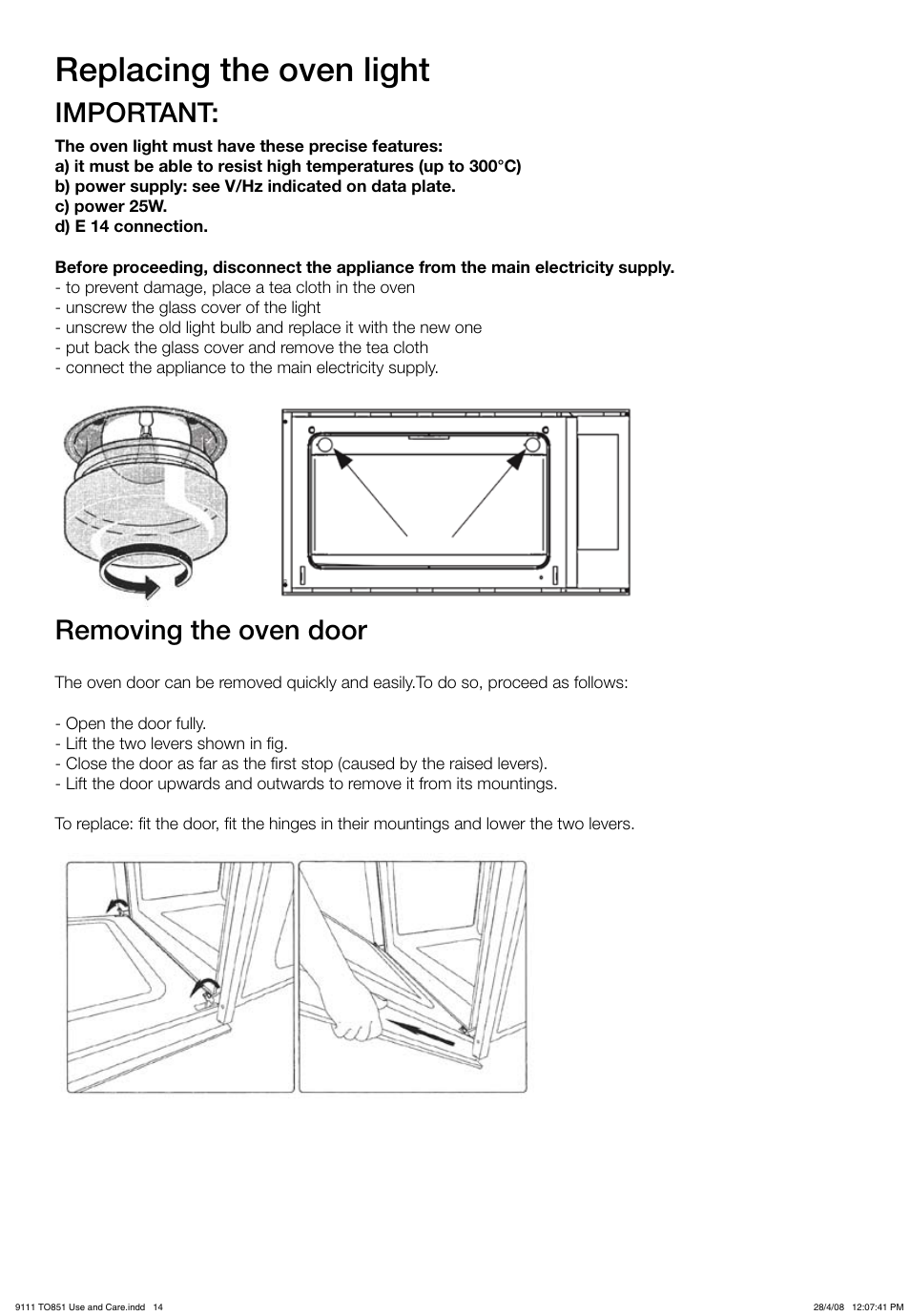 Replacing the oven light, Important, Removing the oven door | Kleenmaid TO851X User Manual | Page 14 / 17