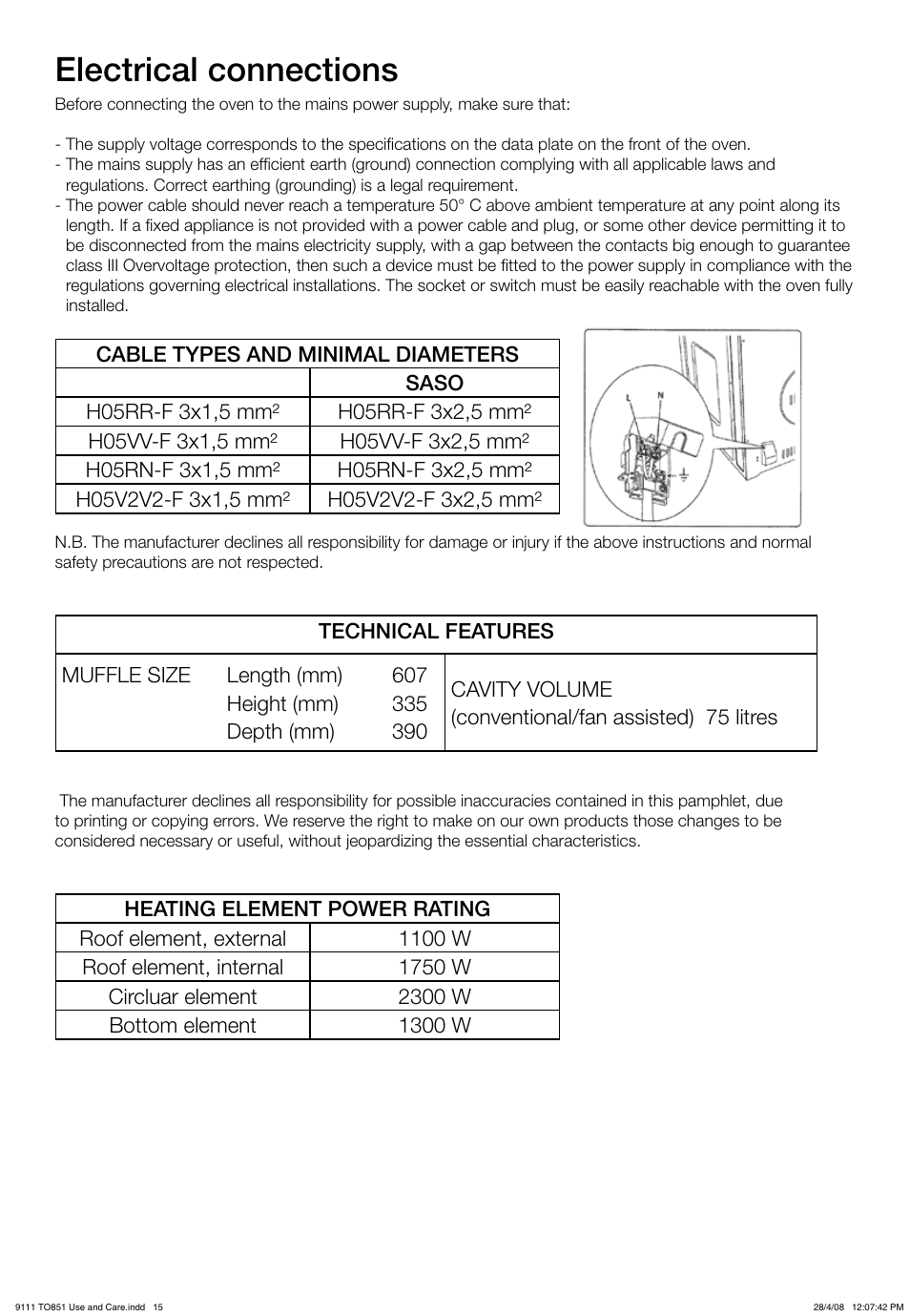 Electrical connections | Kleenmaid TO851X User Manual | Page 15 / 17