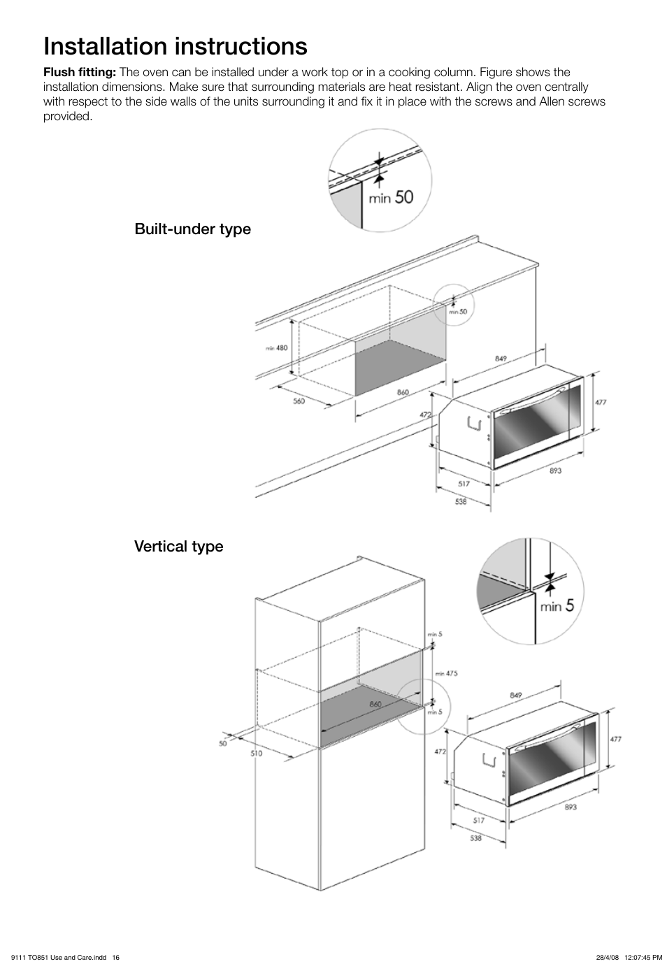 Installation instructions, Built-under type vertical type | Kleenmaid TO851X User Manual | Page 16 / 17