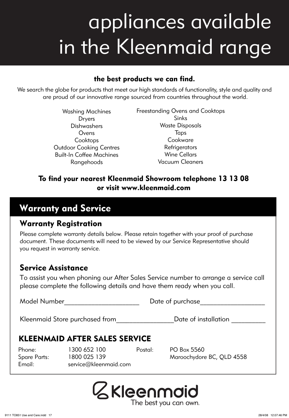 Appliances available in the kleenmaid range, Warranty and service, Warranty registration | Service assistance, Kleenmaid after sales service | Kleenmaid TO851X User Manual | Page 17 / 17