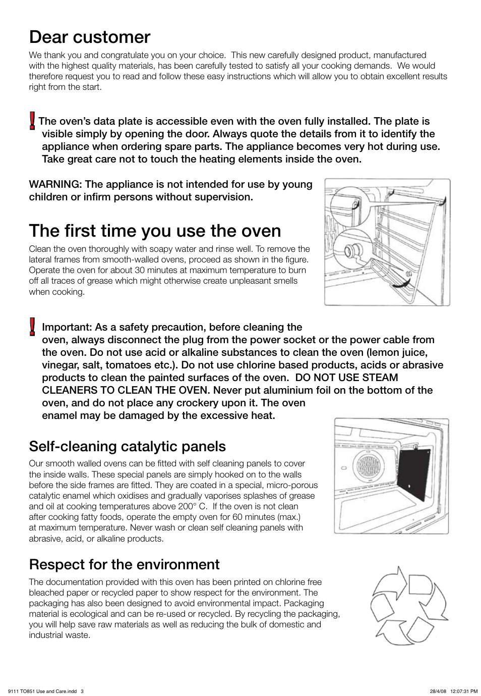 Dear customer, The first time you use the oven, Self-cleaning catalytic panels | Respect for the environment | Kleenmaid TO851X User Manual | Page 3 / 17