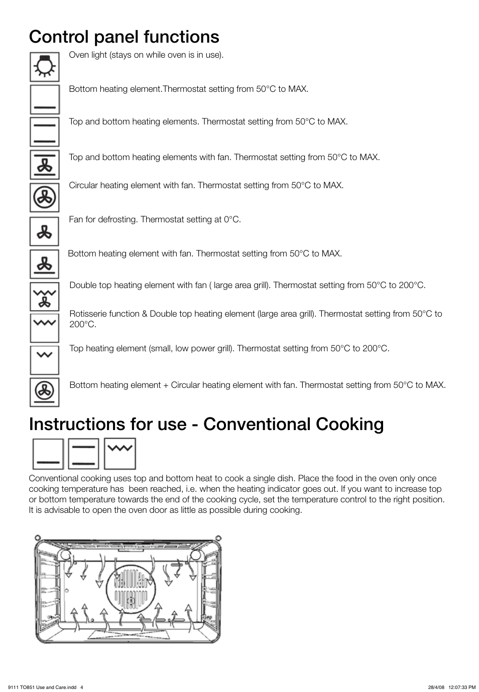 Control panel functions, Instructions for use - conventional cooking | Kleenmaid TO851X User Manual | Page 4 / 17