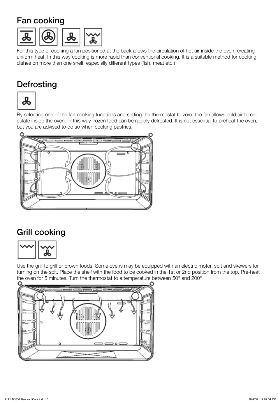 Fan cooking, Defrosting, Grill cooking | Kleenmaid TO851X User Manual | Page 5 / 17