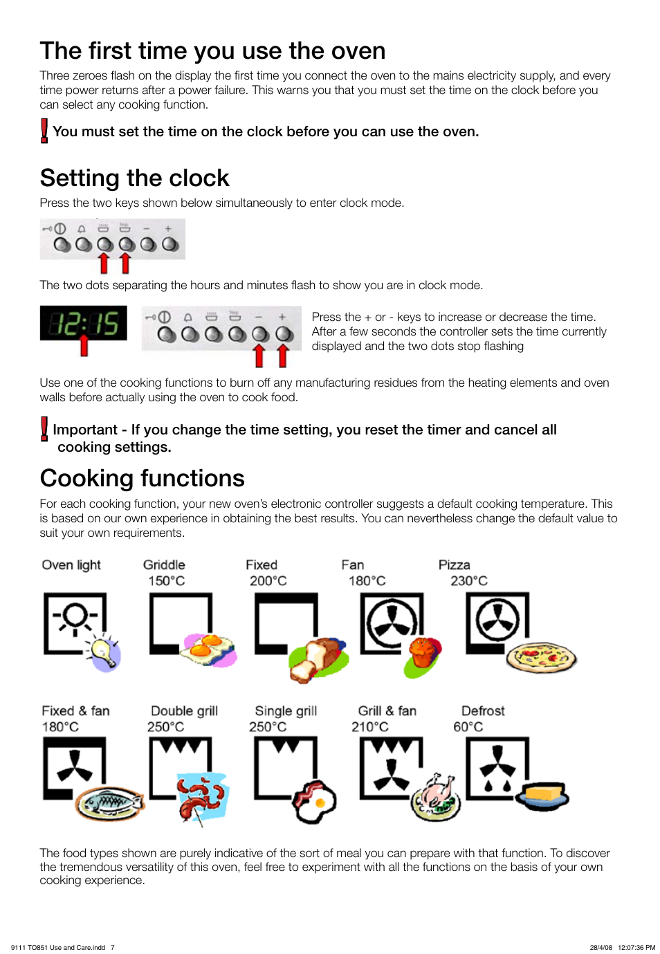The first time you use the oven, Setting the clock, Cooking functions | Kleenmaid TO851X User Manual | Page 7 / 17