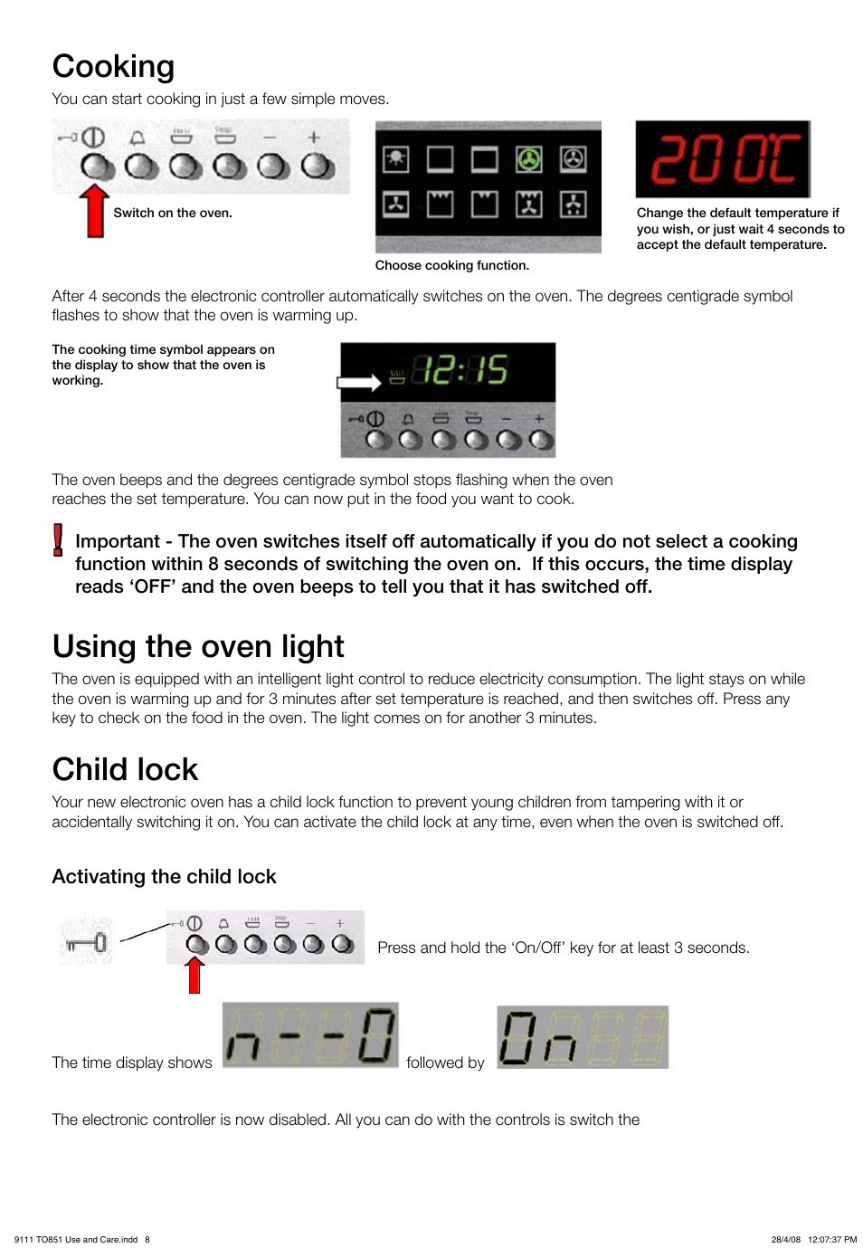 Cooking, Using the oven light, Child lock | Kleenmaid TO851X User Manual | Page 8 / 17