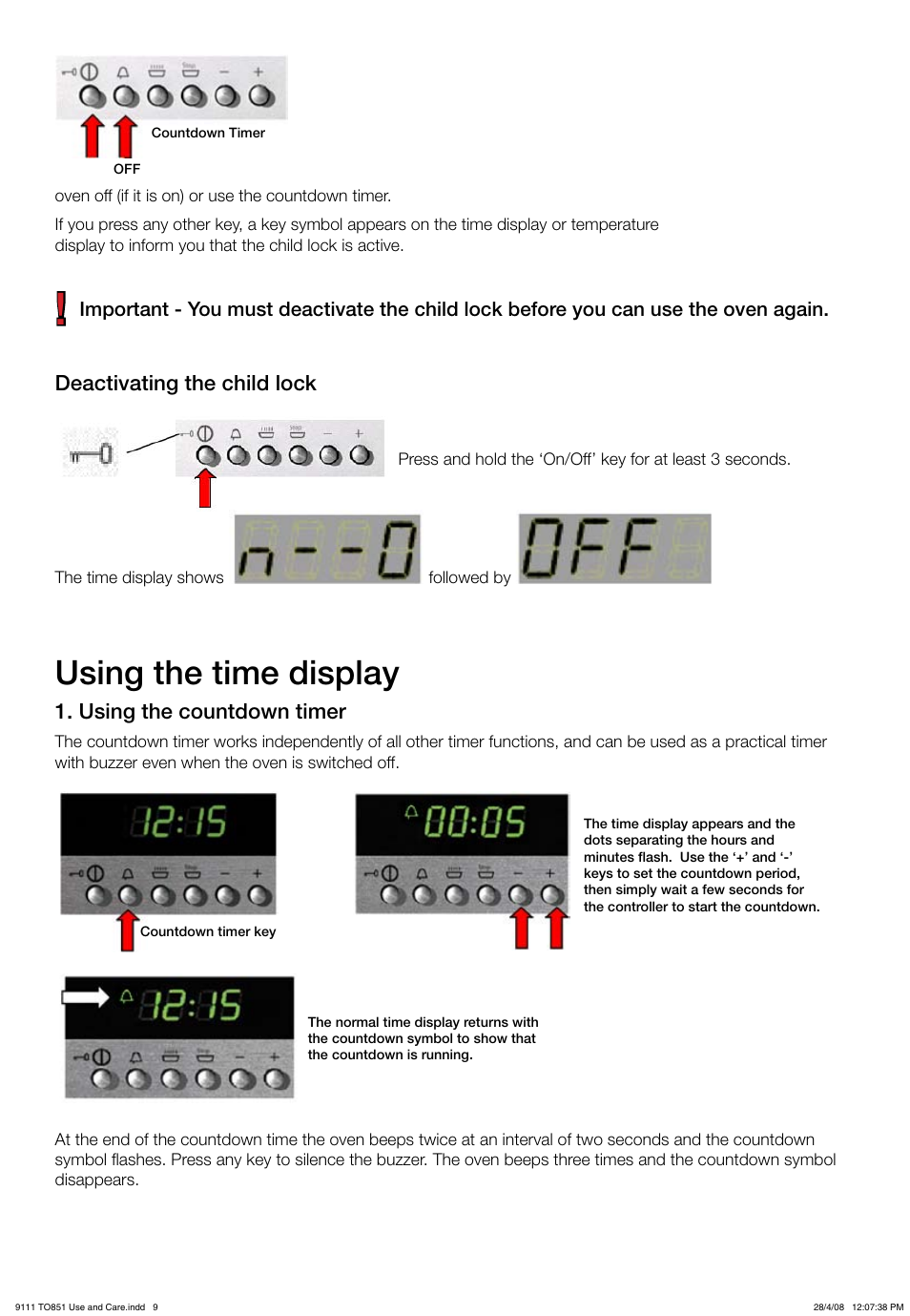 Using the time display, Deactivating the child lock, Using the countdown timer | Kleenmaid TO851X User Manual | Page 9 / 17