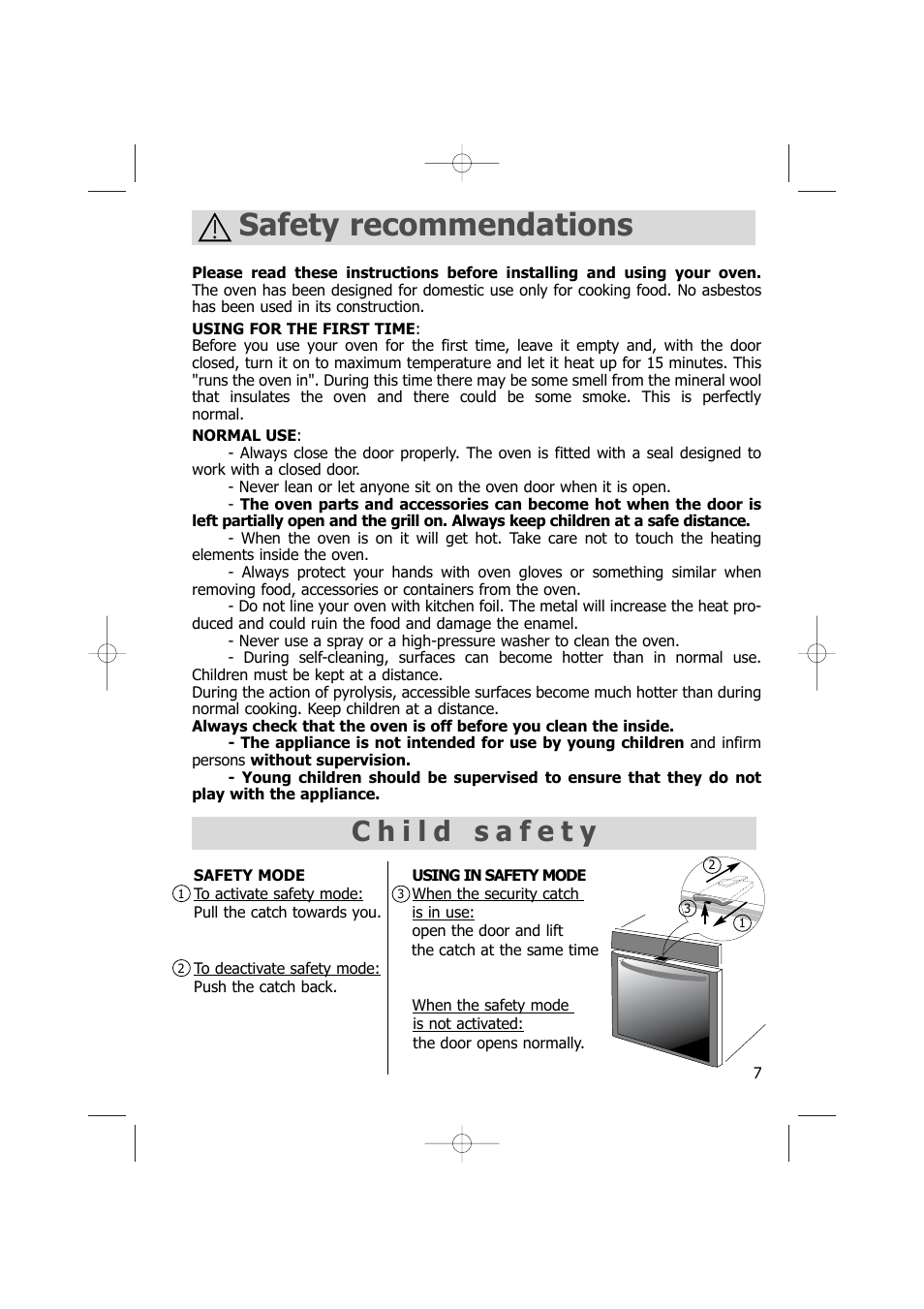 Safety recommendations | Kleenmaid TO701 User Manual | Page 7 / 32