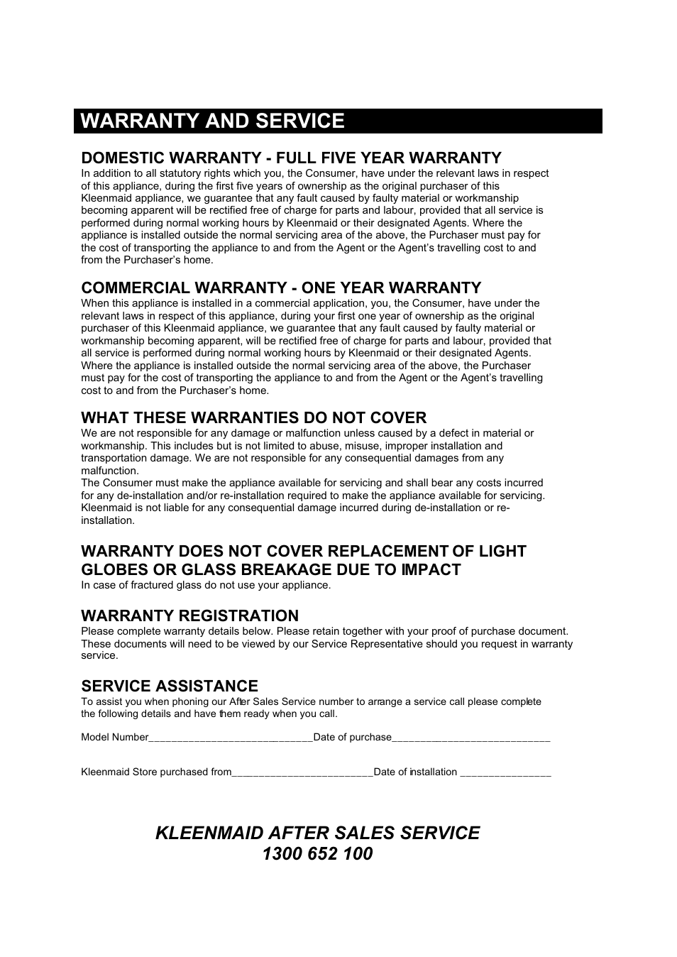 Warranty and service, Domestic warranty - full five year warranty, Commercial warranty - one year warranty | What these warranties do not cover, Warranty registration, Service assistance | Kleenmaid TO600X User Manual | Page 31 / 32