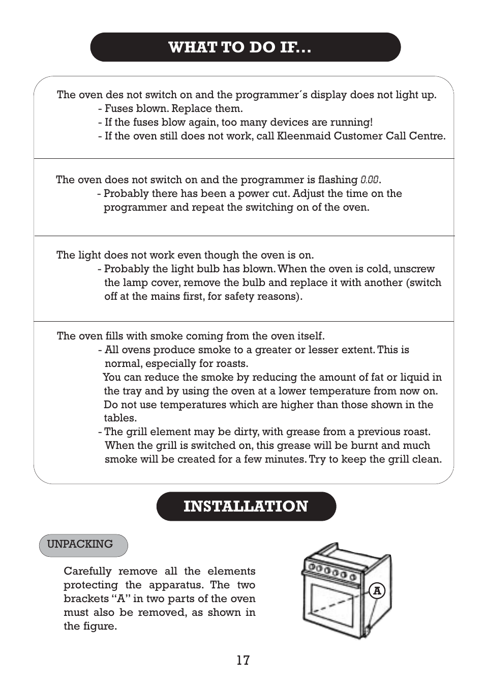 What to do if, Installation | Kleenmaid TO80S User Manual | Page 19 / 24