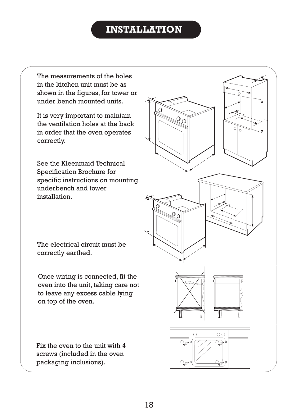Installation | Kleenmaid TO80S User Manual | Page 20 / 24