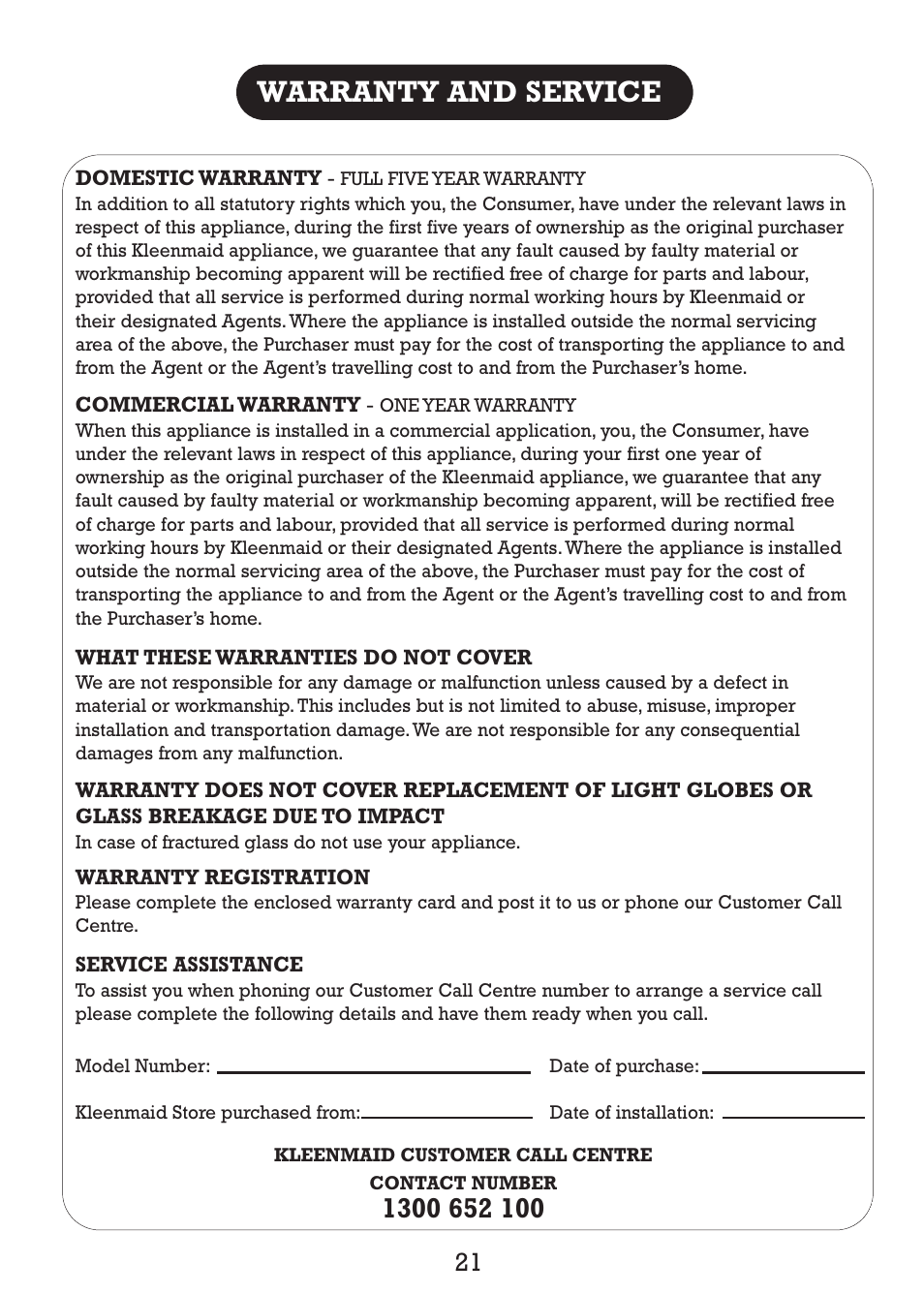 Warranty and service | Kleenmaid TO80S User Manual | Page 23 / 24