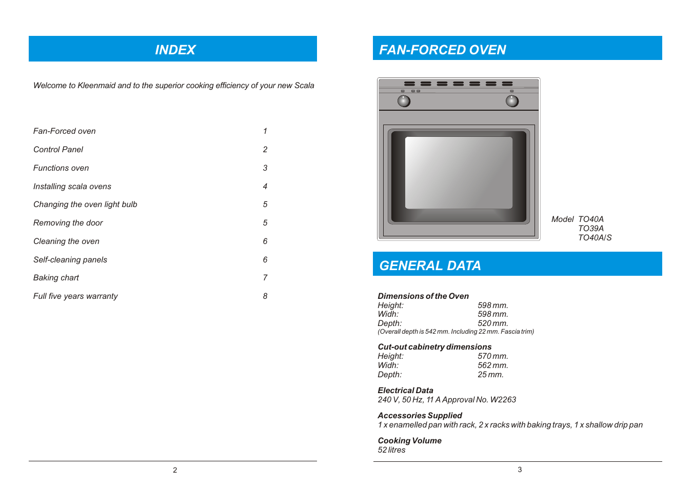 Fan-forced oven general data, Index | Kleenmaid TO39A User Manual | Page 2 / 6